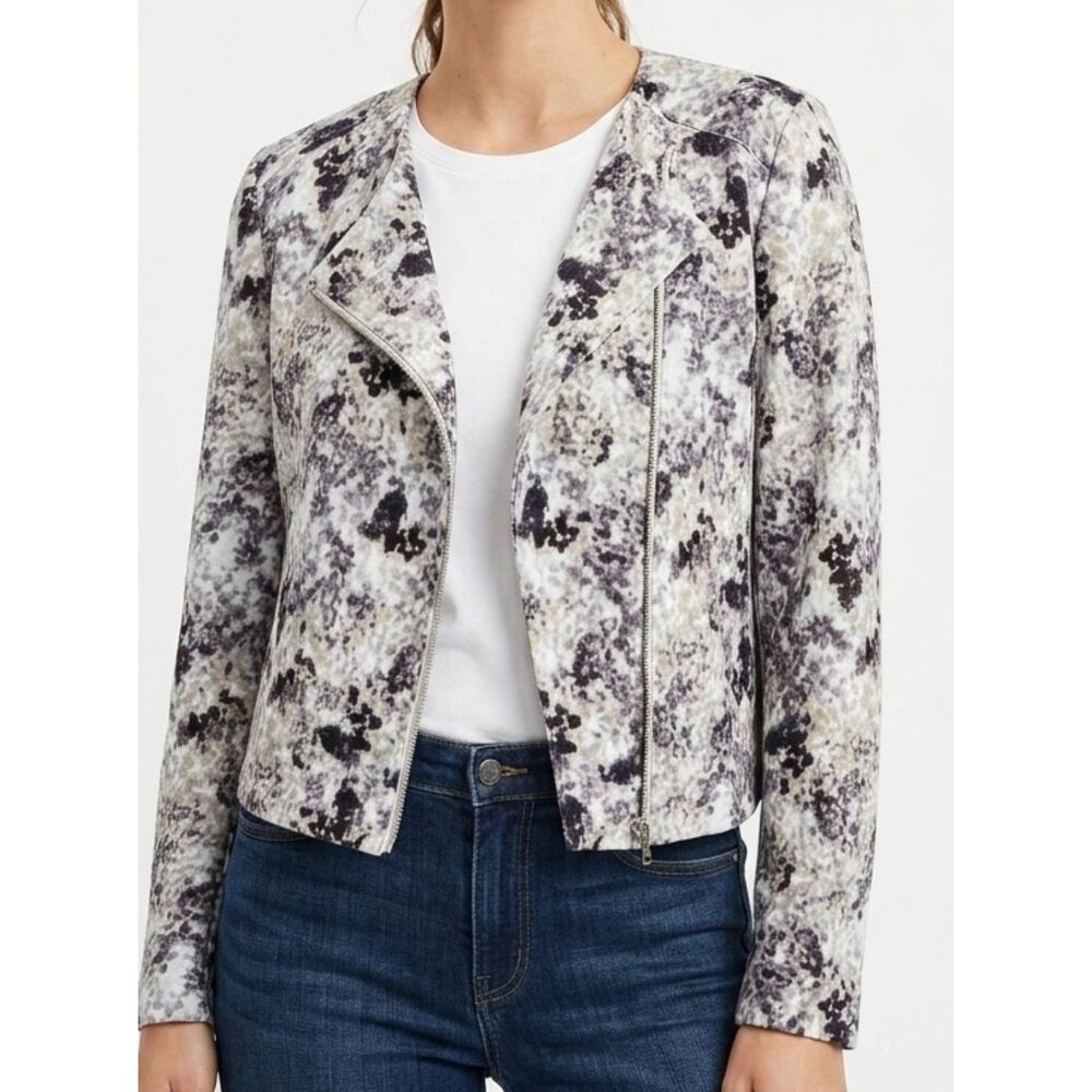 Watercolor Abstract Print Talula Aritzia Moto Jacket Gray Black Rayon Size 8